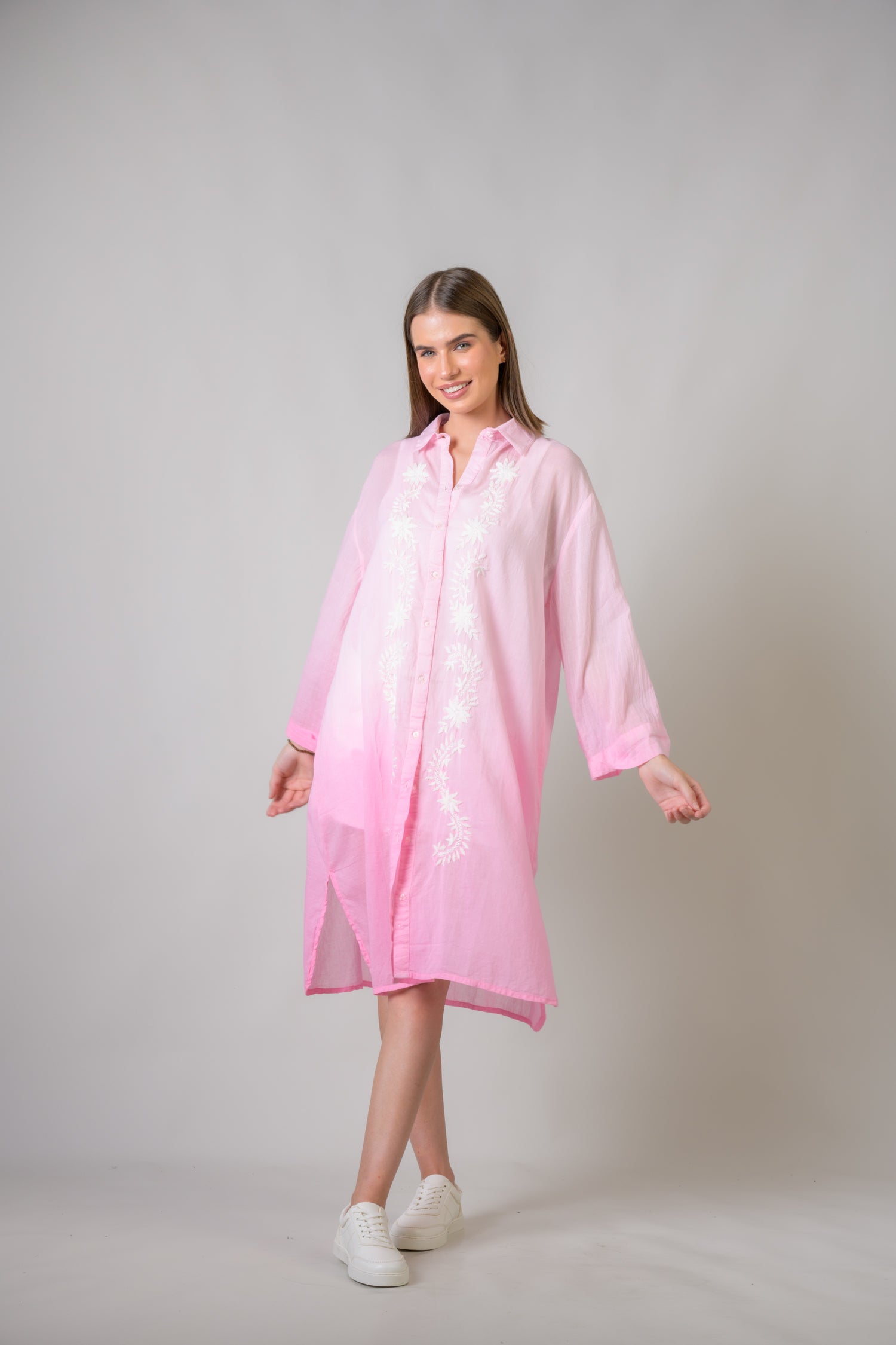 Laurels Embroidered Long Sleeve Button Down Dress - Pink