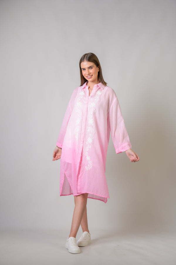 Laurels Embroidered Long Sleeve Button Down Dress - Pink