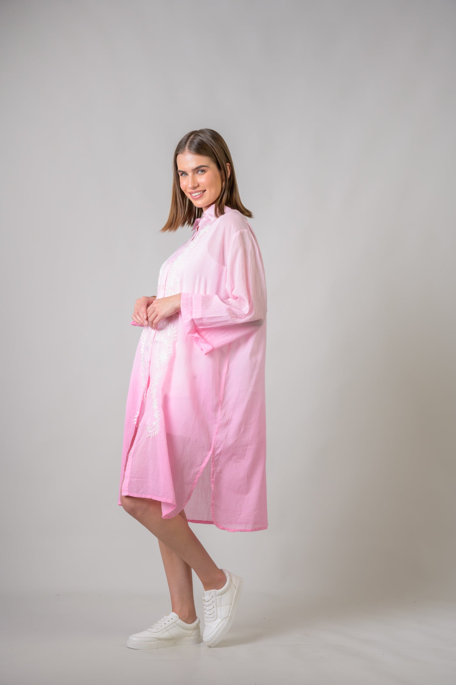 Laurels Embroidered Long Sleeve Button Down Dress - Pink