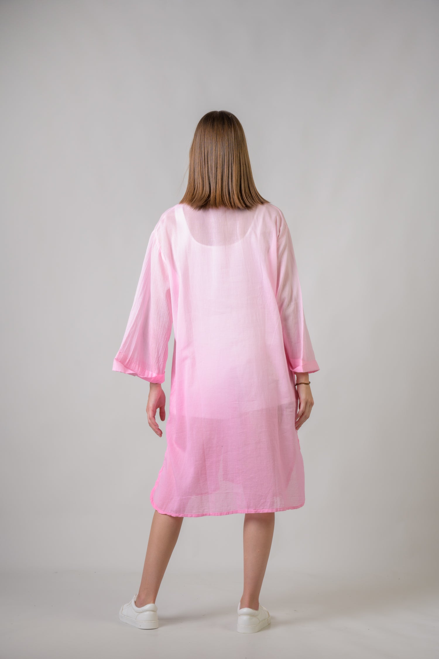 Laurels Embroidered Long Sleeve Button Down Dress - Pink
