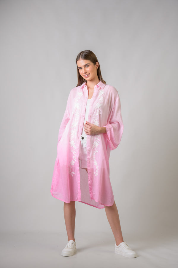 Laurels Embroidered Long Sleeve Button Down Dress - Pink