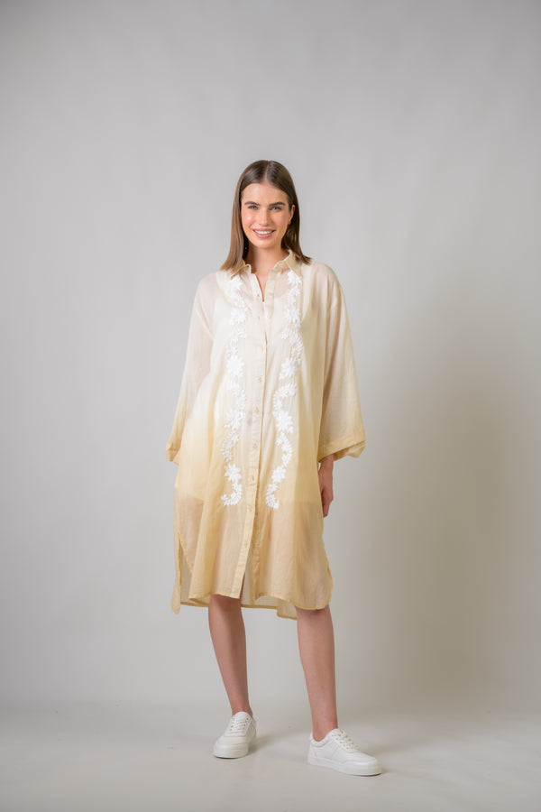 Laurels Embroidered Long Sleeve Button Down Dress - Beige