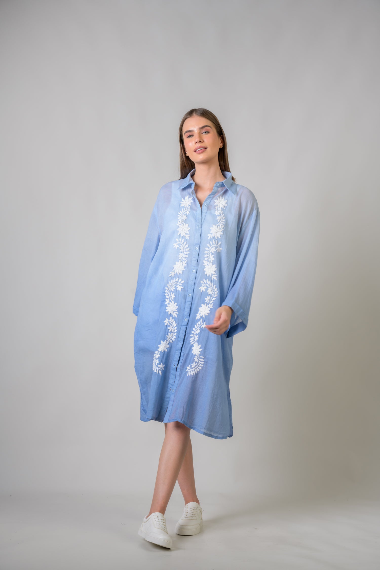 Laurels Embroidered Long Sleeve Button Down Dress - Blue