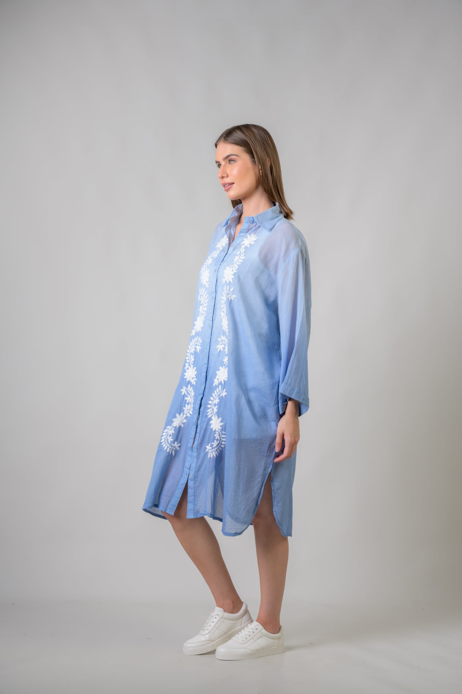 Laurels Embroidered Long Sleeve Button Down Dress - Blue