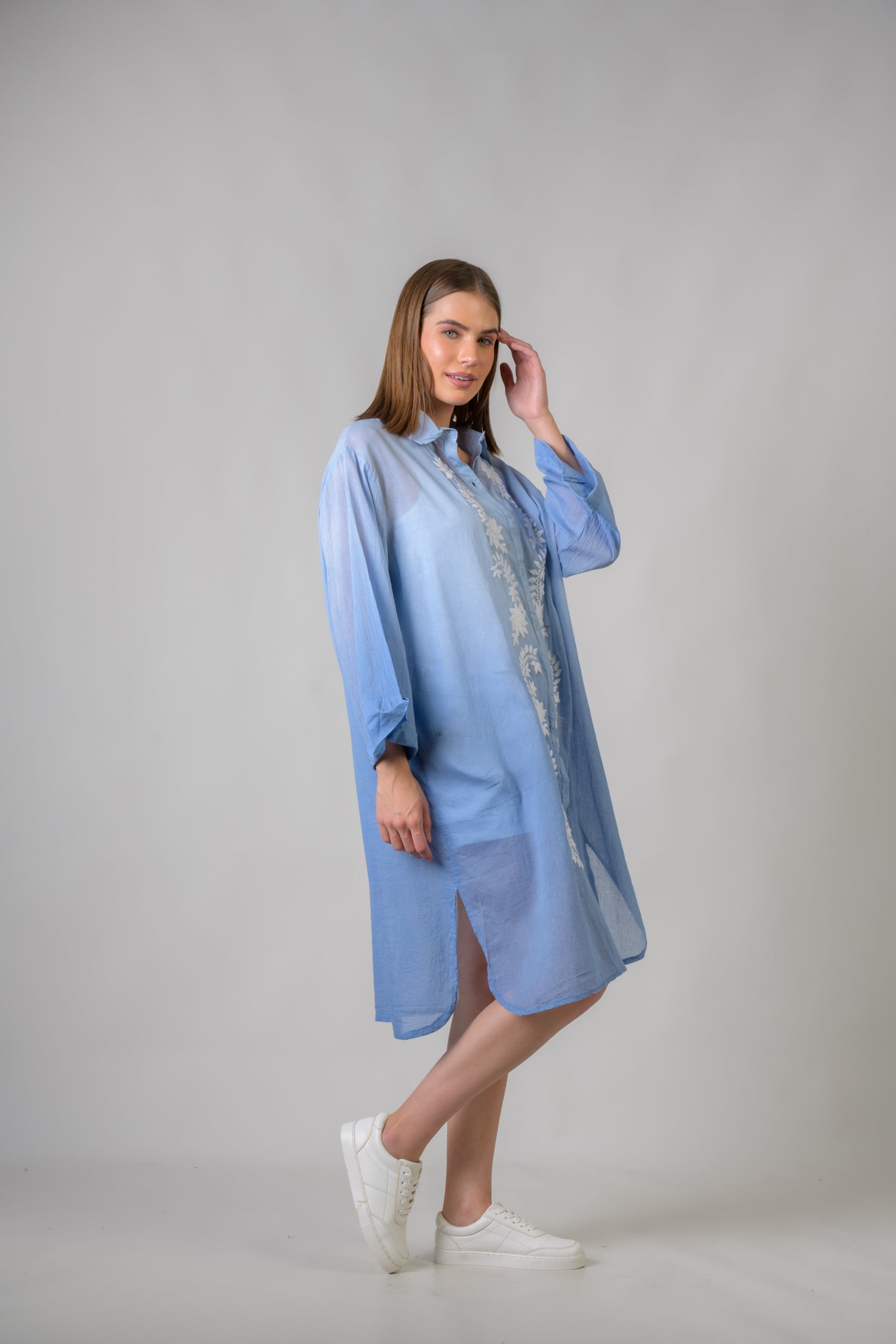 Laurels Embroidered Long Sleeve Button Down Dress - Blue