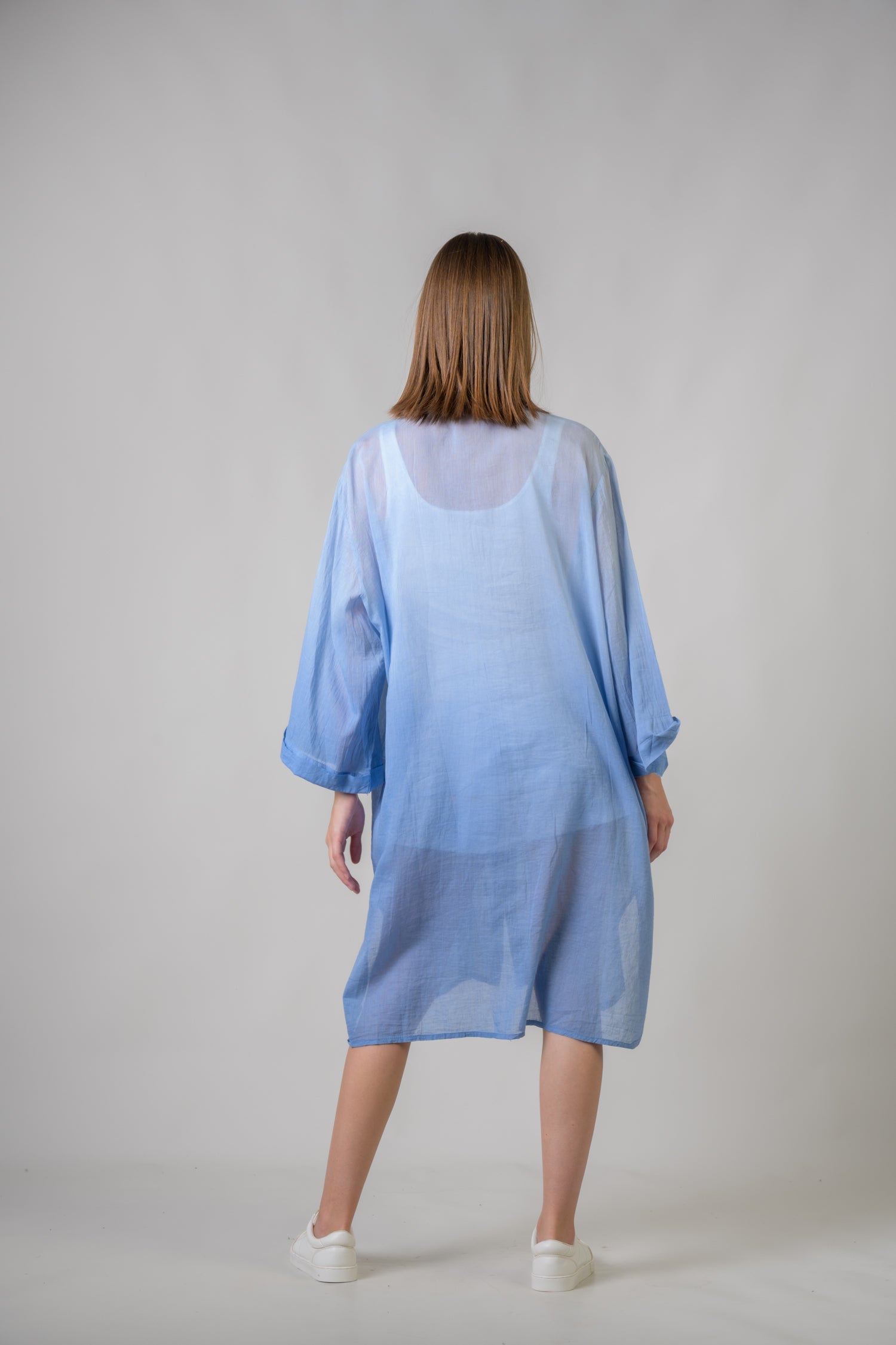 Laurels Embroidered Long Sleeve Button Down Dress - Blue