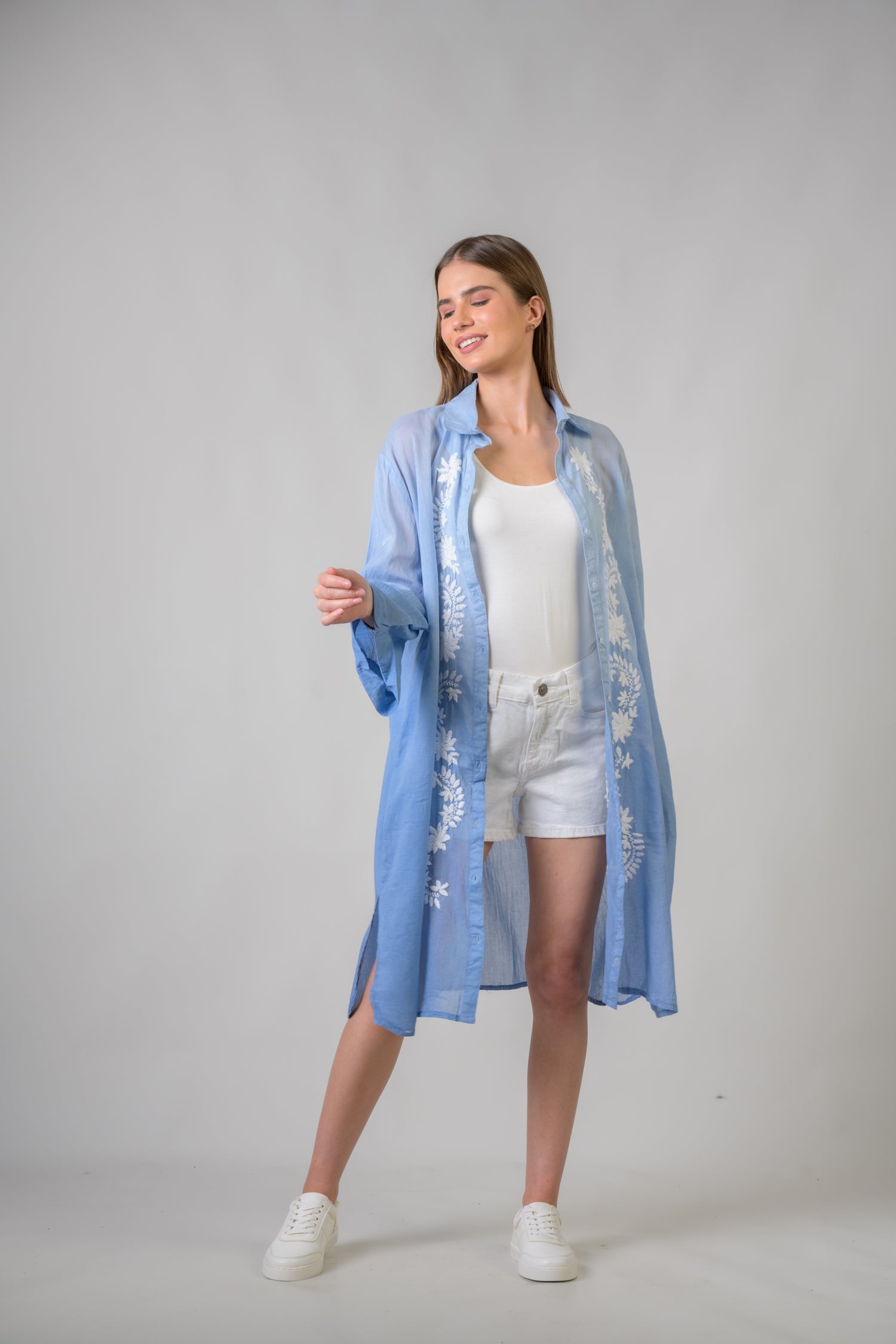 Laurels Embroidered Long Sleeve Button Down Dress - Blue