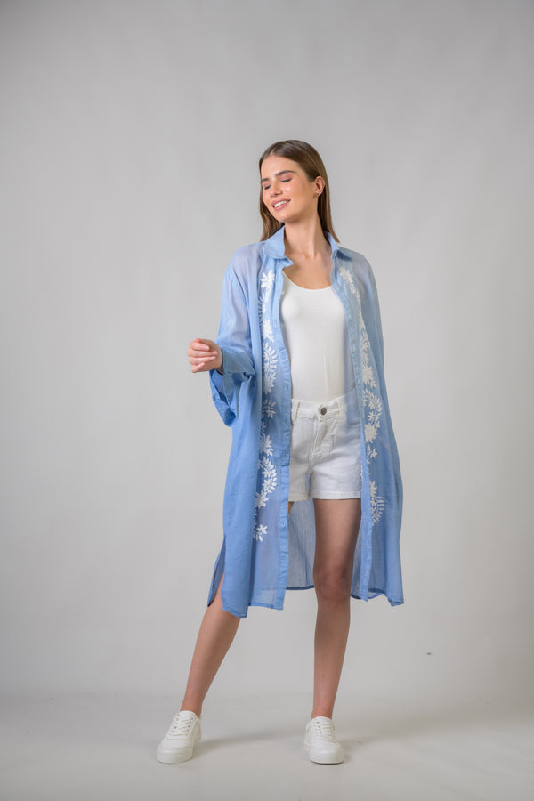 Laurels Embroidered Long Sleeve Button Down Dress - Blue
