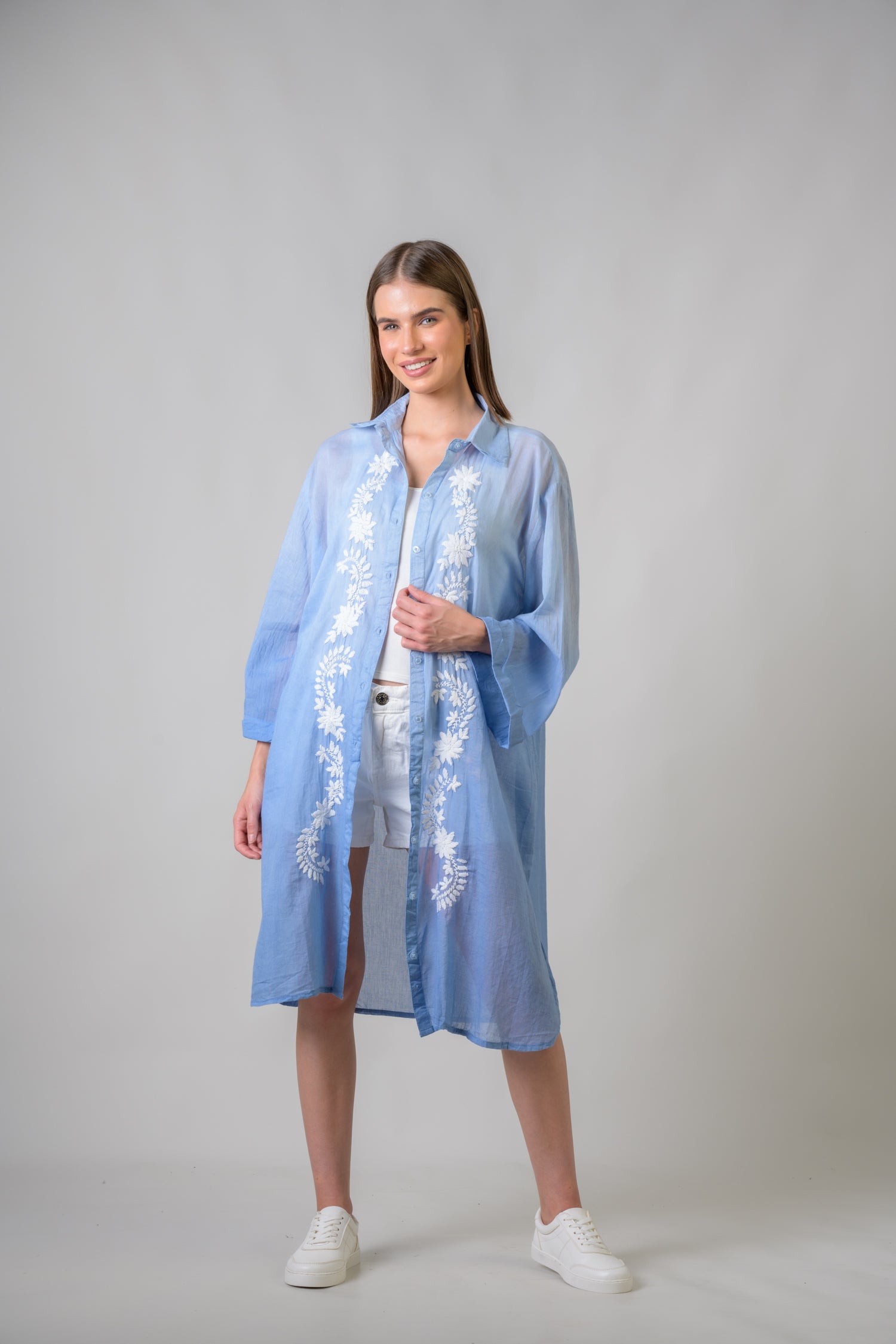 Laurels Embroidered Long Sleeve Button Down Dress - Blue