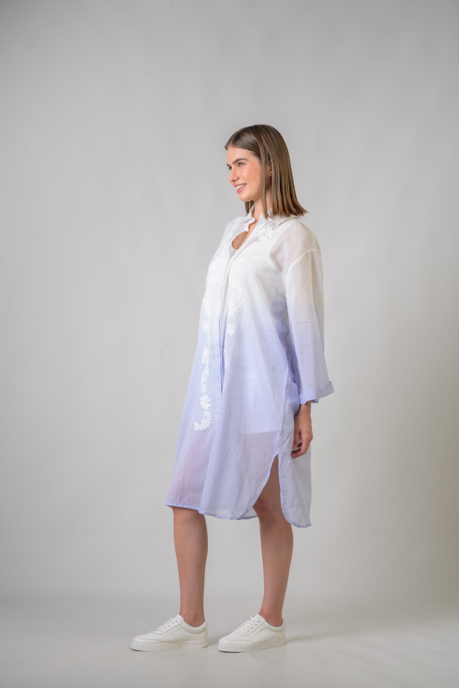 Laurels Embroidered Long Sleeve Button Down Dress - Denim Blue