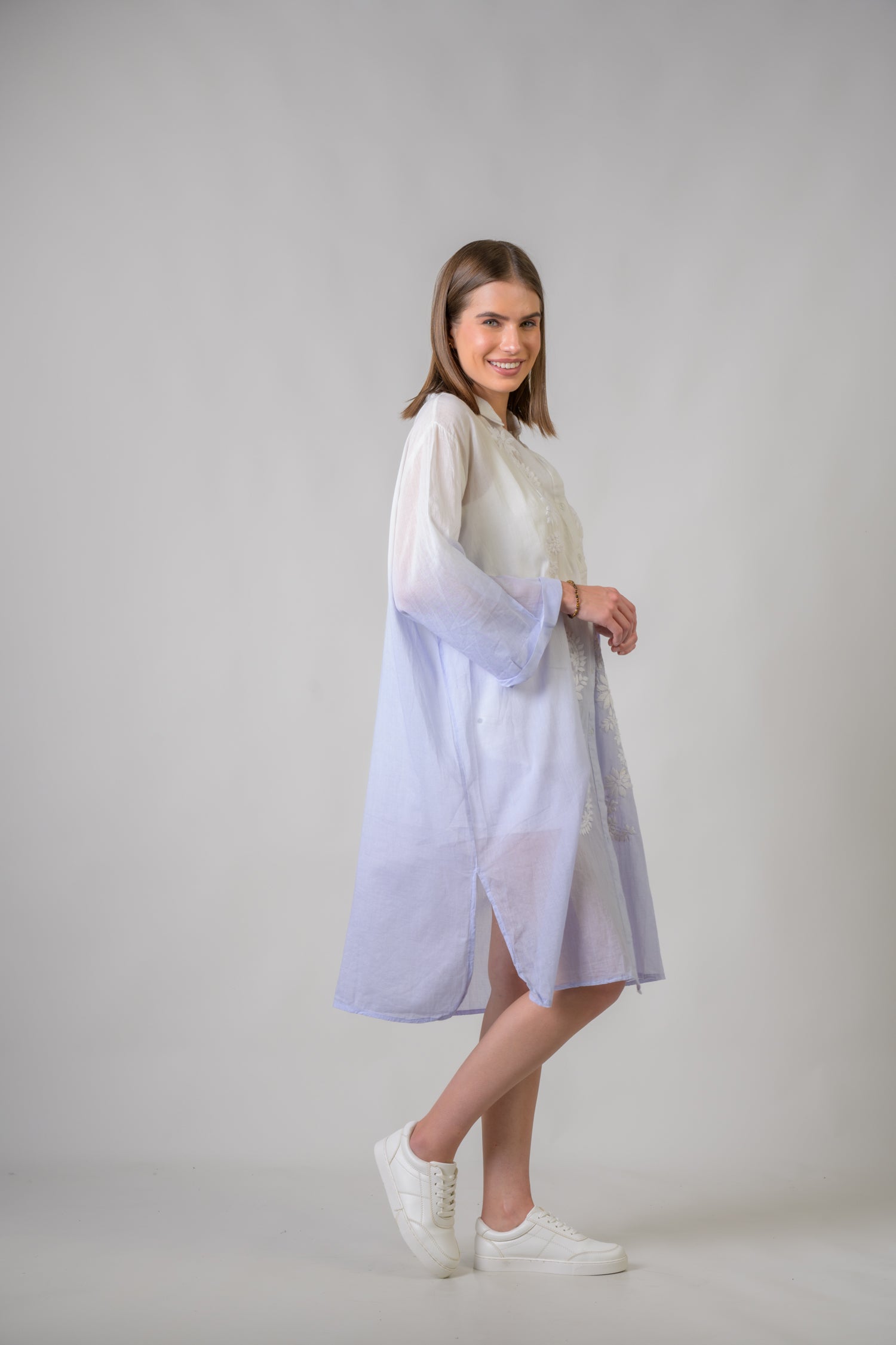 Laurels Embroidered Long Sleeve Button Down Dress - Denim Blue