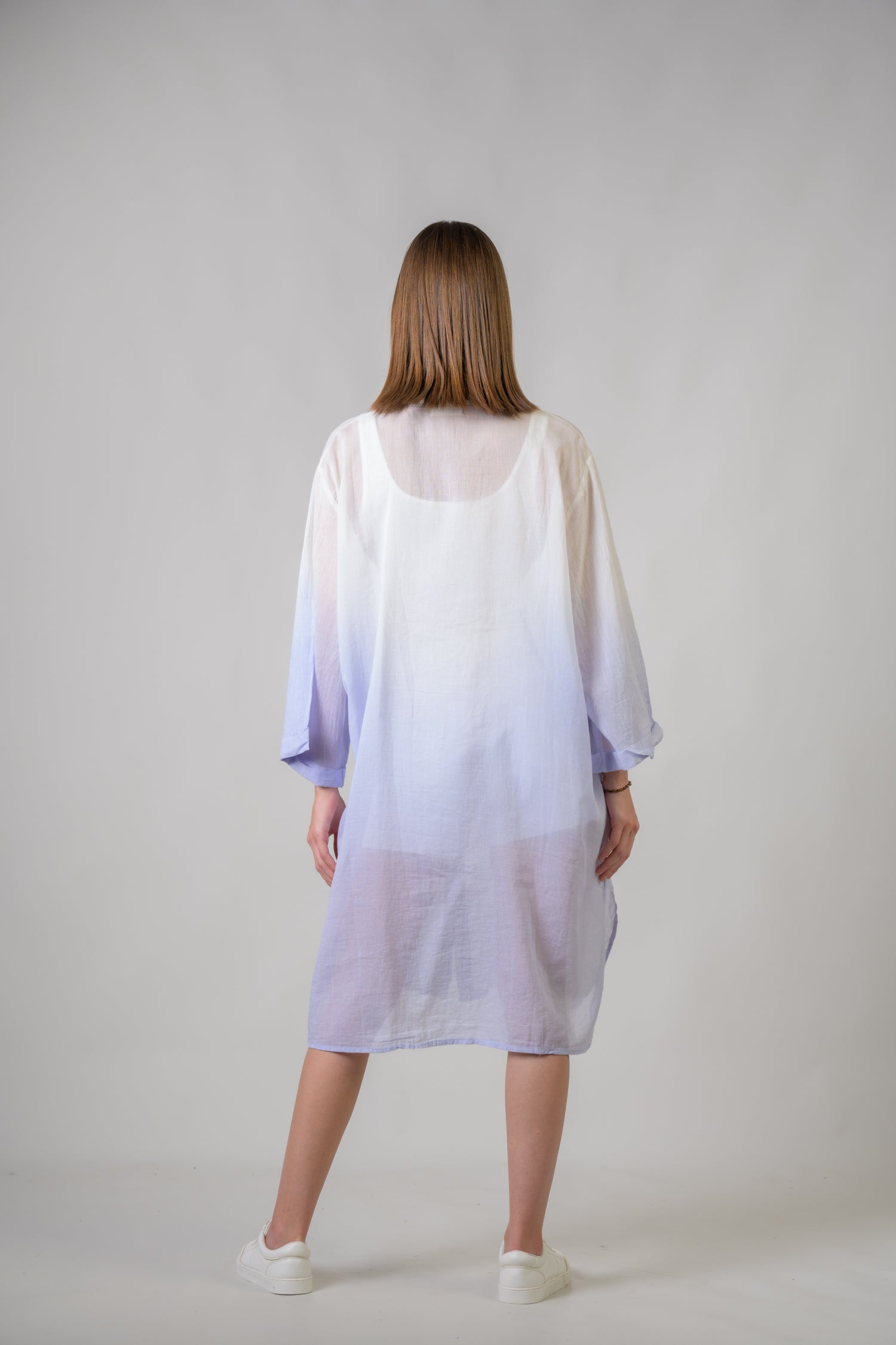 Laurels Embroidered Long Sleeve Button Down Dress - Denim Blue