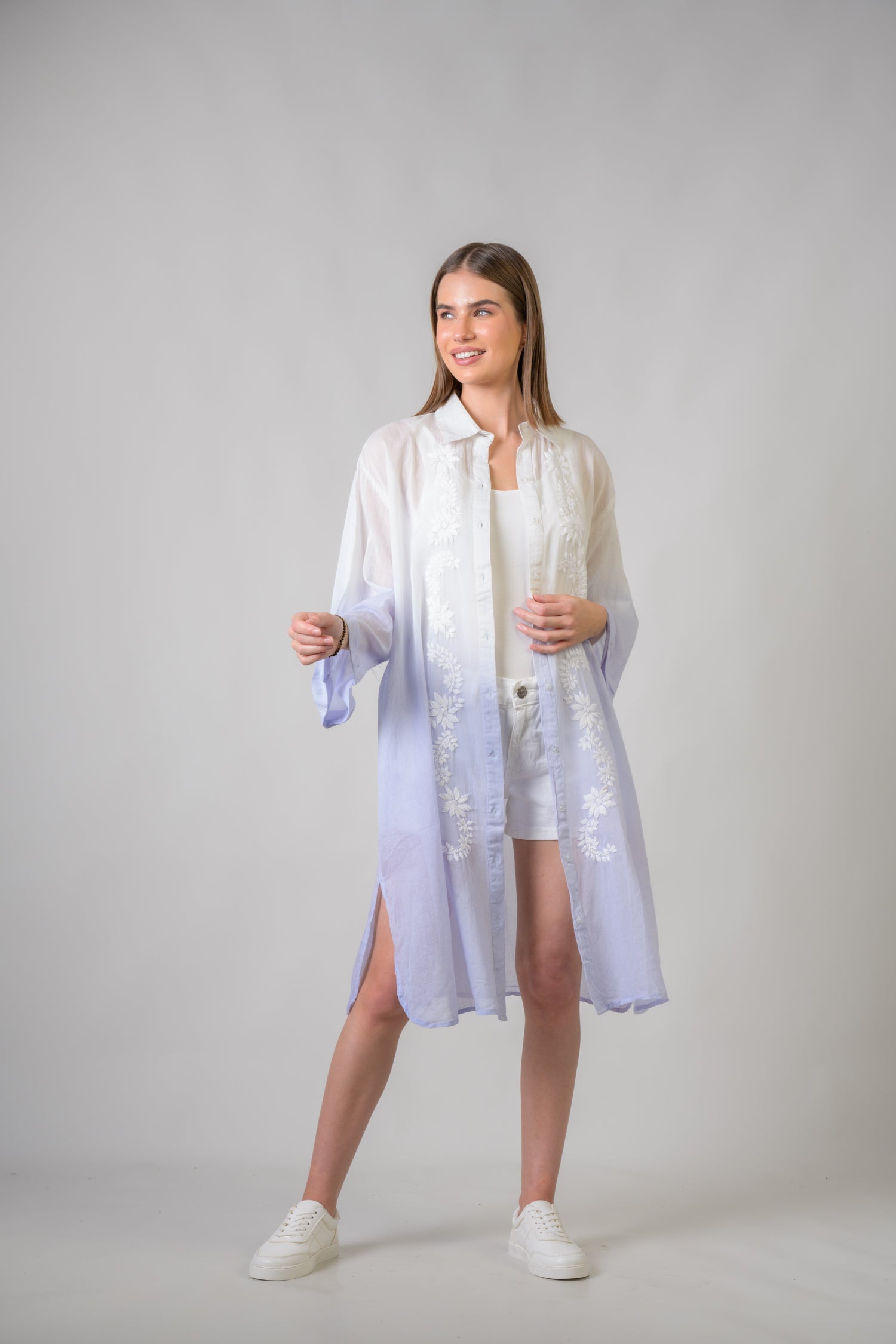 Laurels Embroidered Long Sleeve Button Down Dress - Denim Blue