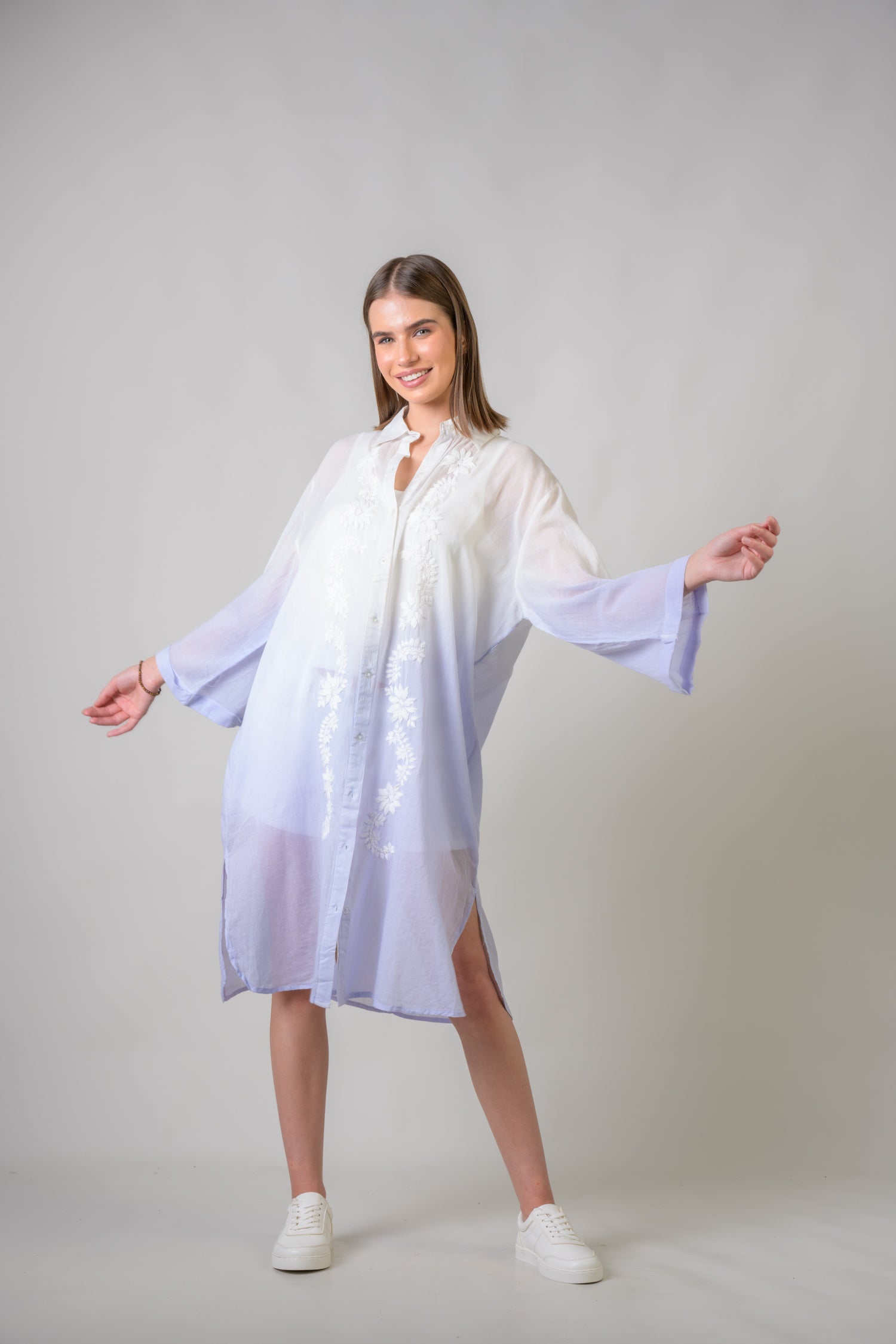 Laurels Embroidered Long Sleeve Button Down Dress - Denim Blue