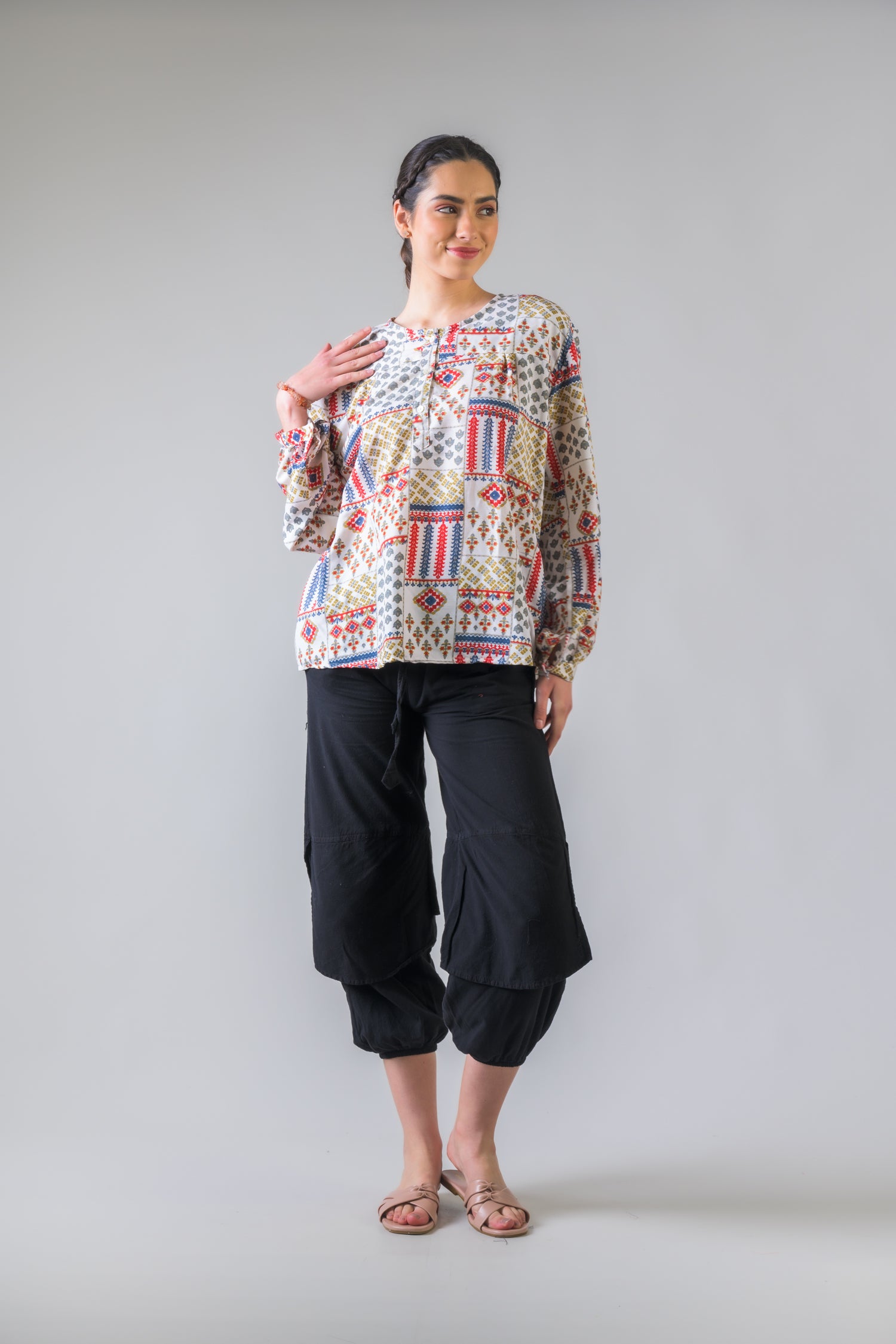 Vintage Pattern Long Sleeve Top - White