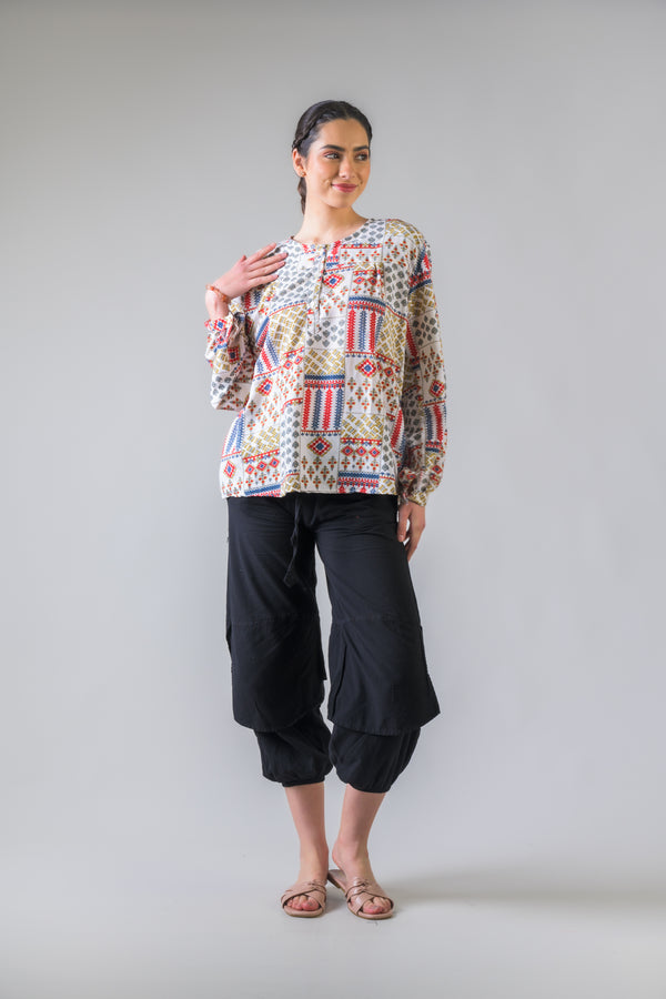 Vintage Pattern Long Sleeve Top - White