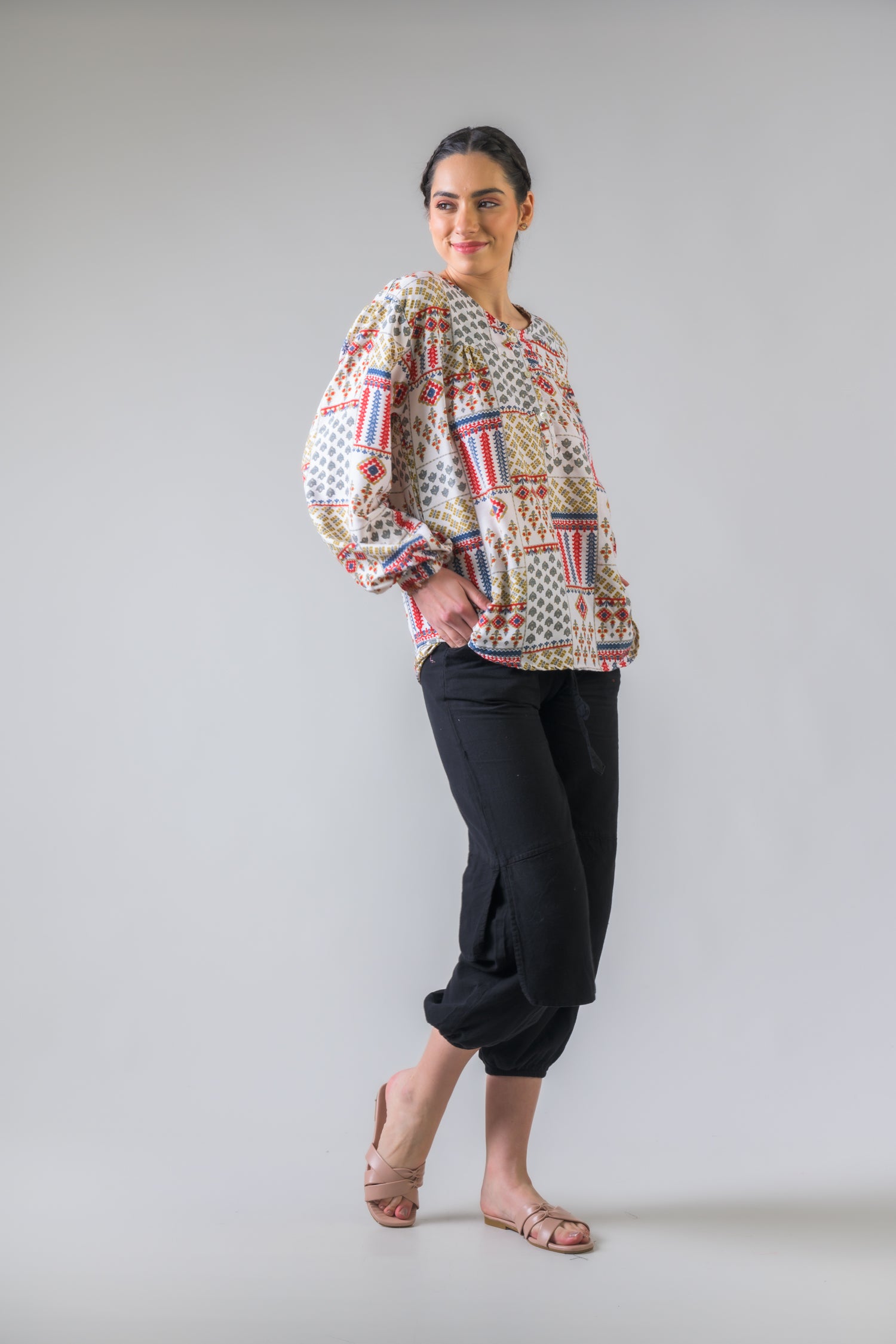 Vintage Pattern Long Sleeve Top - White