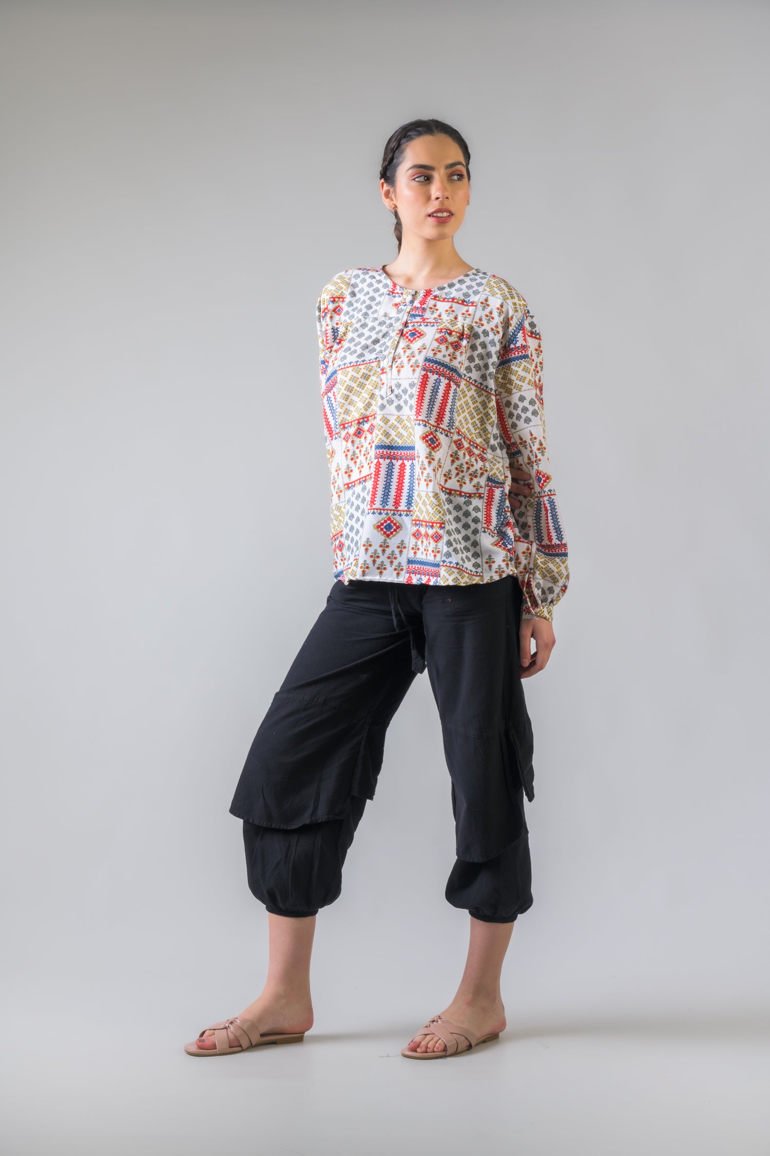 Vintage Pattern Long Sleeve Top - White