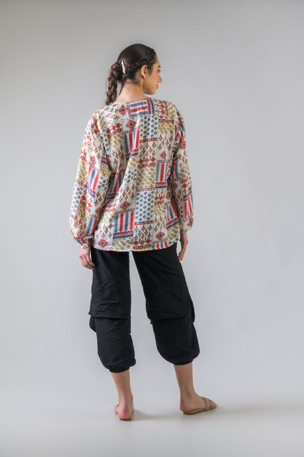 Vintage Pattern Long Sleeve Top - White