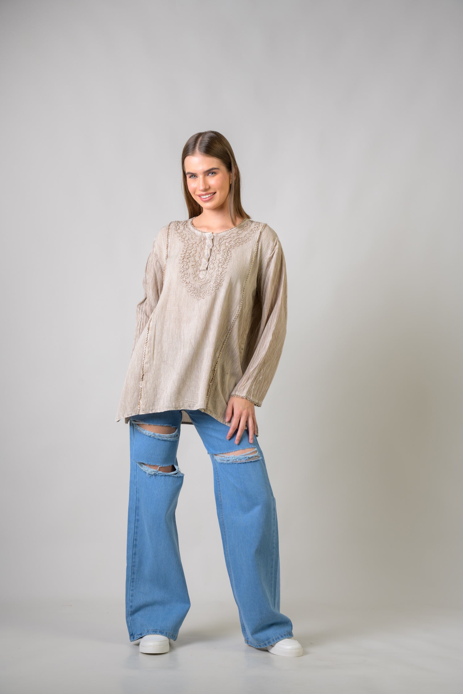 Rhea Embroidered Neckline Top Beige / One Size