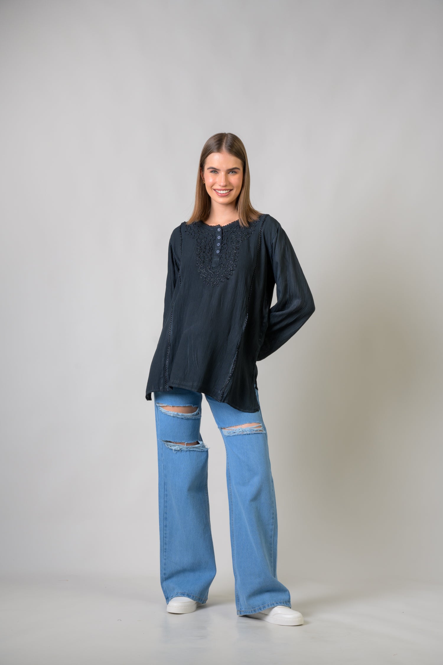 Rhea Embroidered Neckline Top Black / One Size