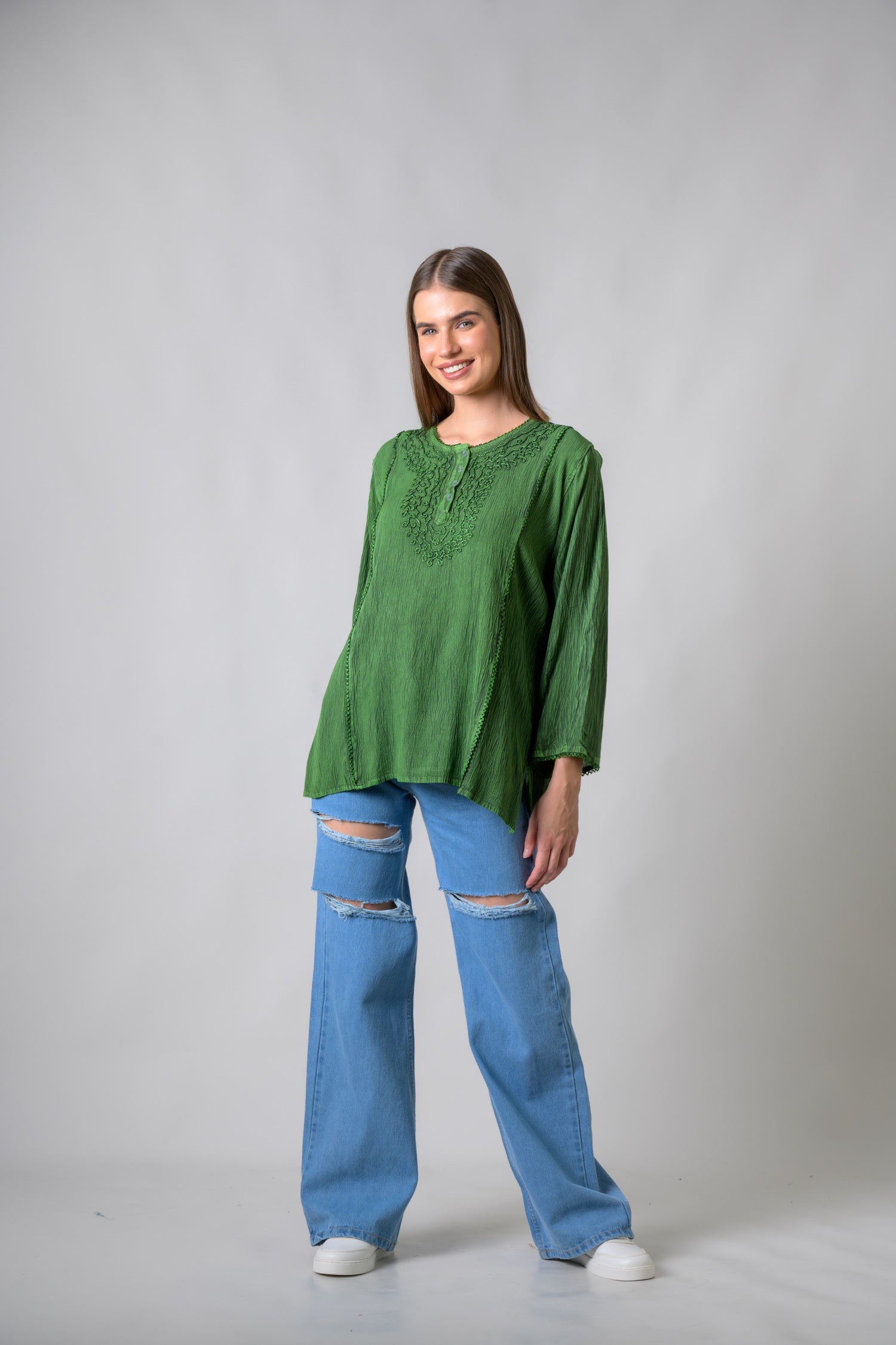 Rhea Embroidered Neckline Top Green / One Size