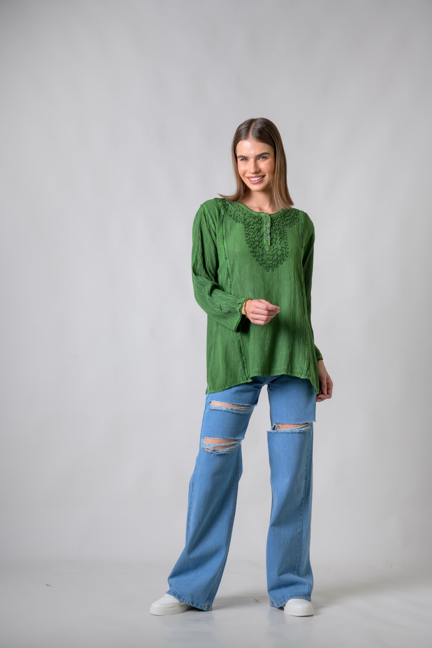 Rhea Embroidered Neckline Top Green / One Size