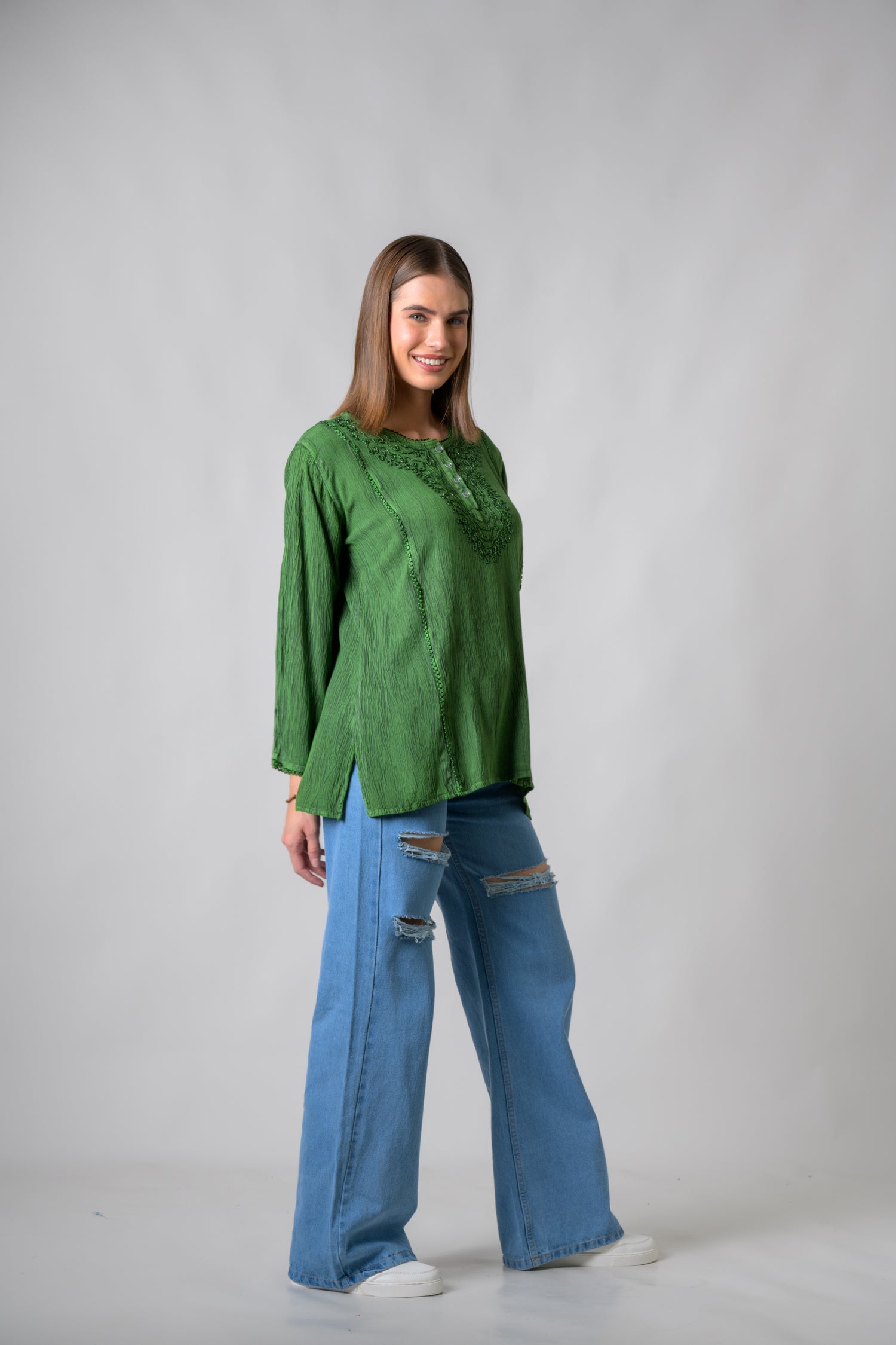 Rhea Embroidered Neckline Top Green / One Size