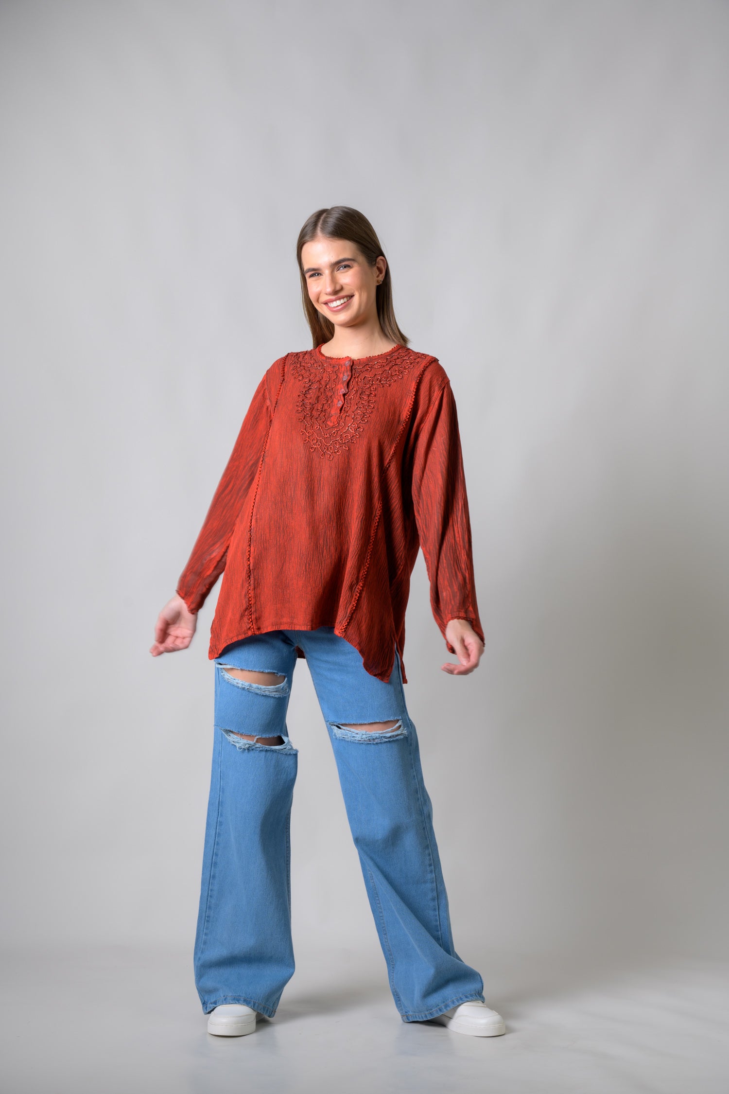 Rhea Embroidered Neckline Top Red / One Size