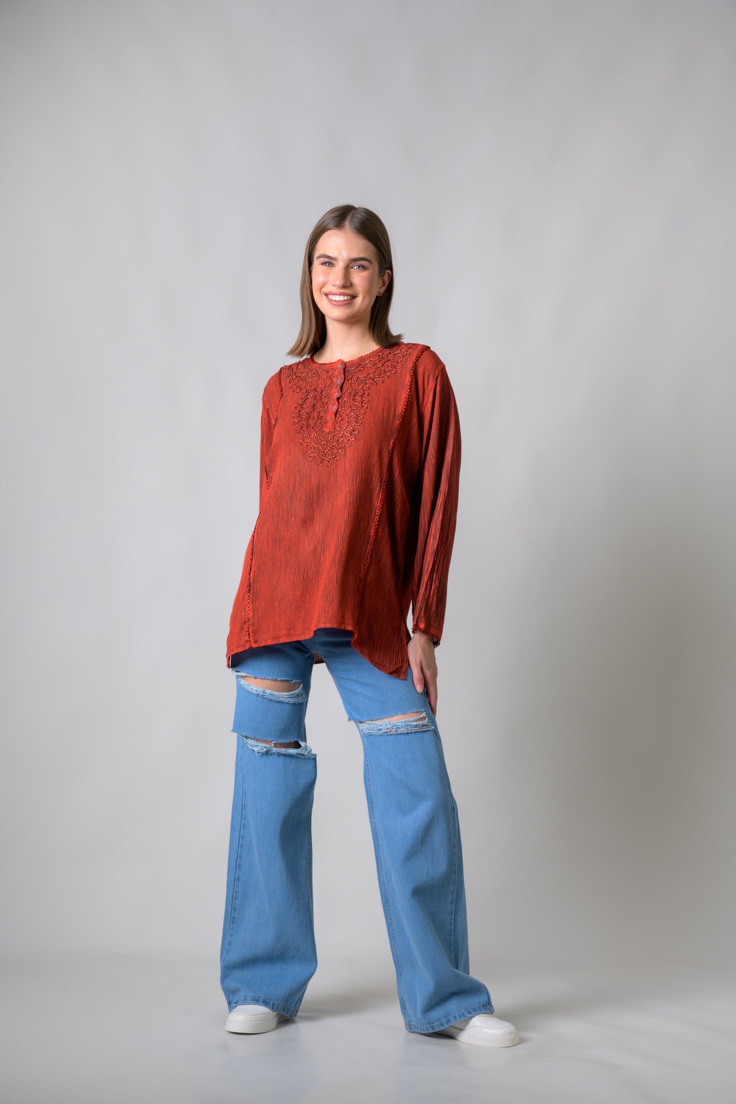 Rhea Embroidered Neckline Top Red / One Size