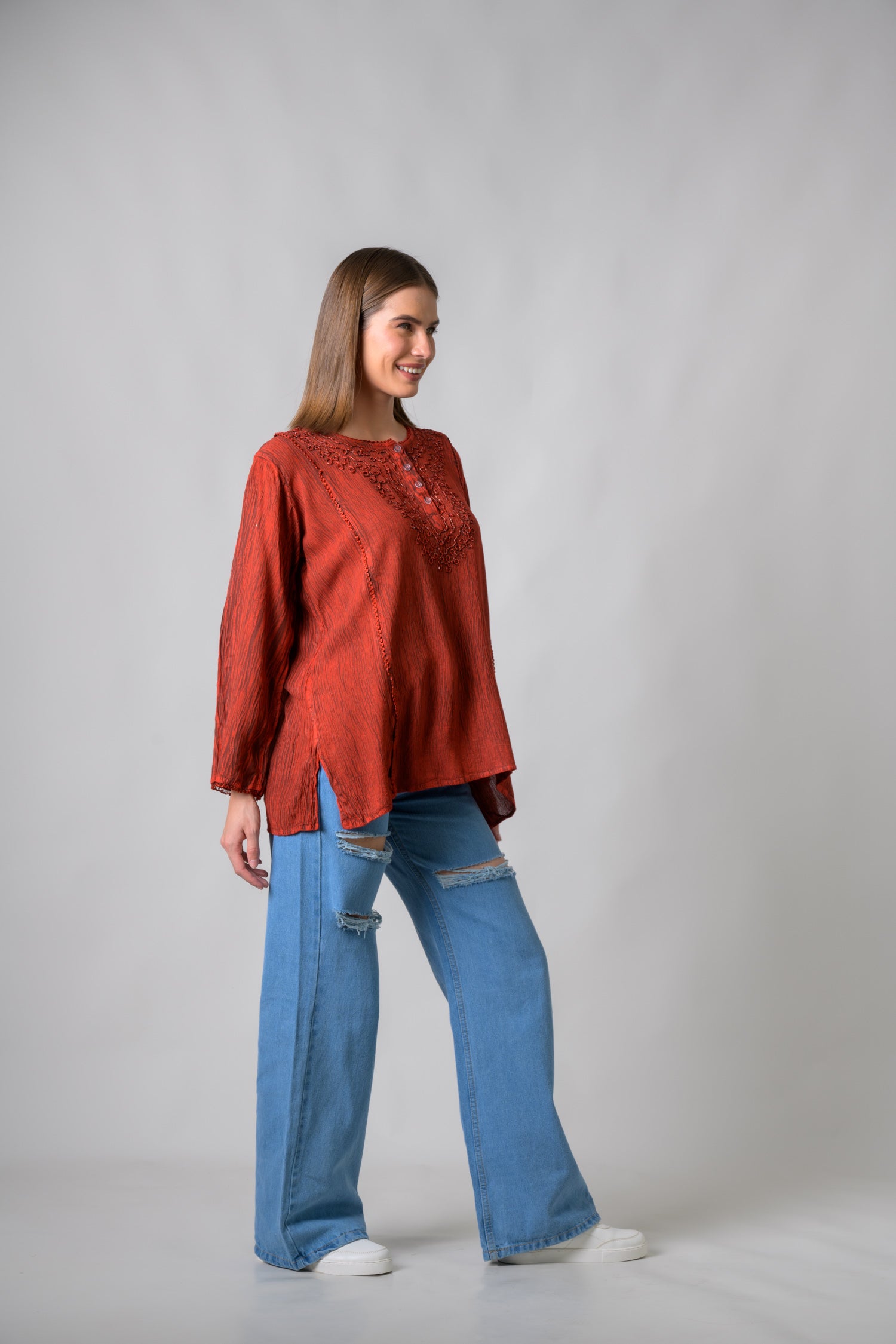 Rhea Embroidered Neckline Top Red / One Size