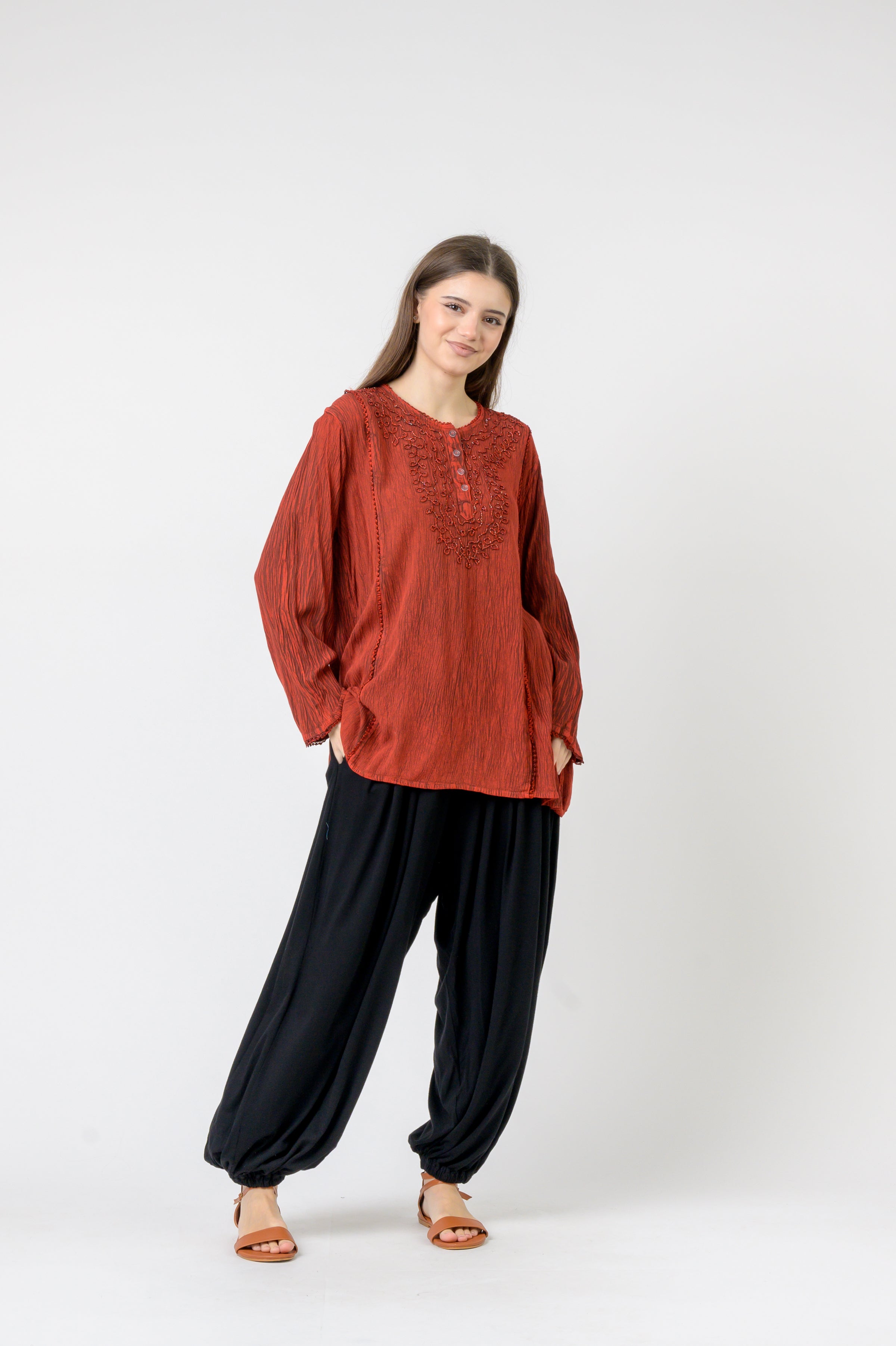 Embroidered Neckline Top - Red