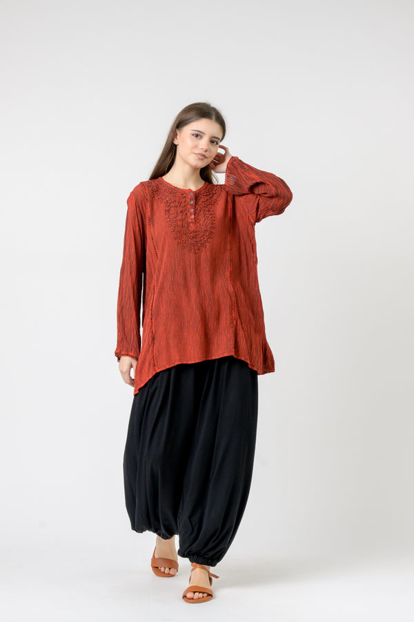 Embroidered Neckline Top - Red
