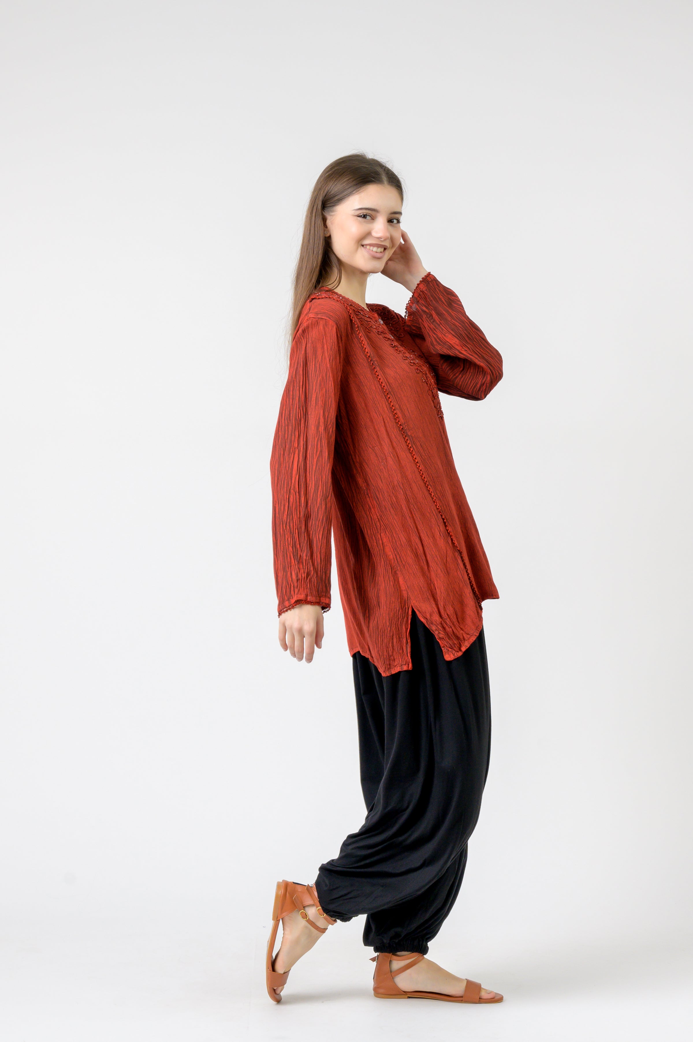 Embroidered Neckline Top - Red