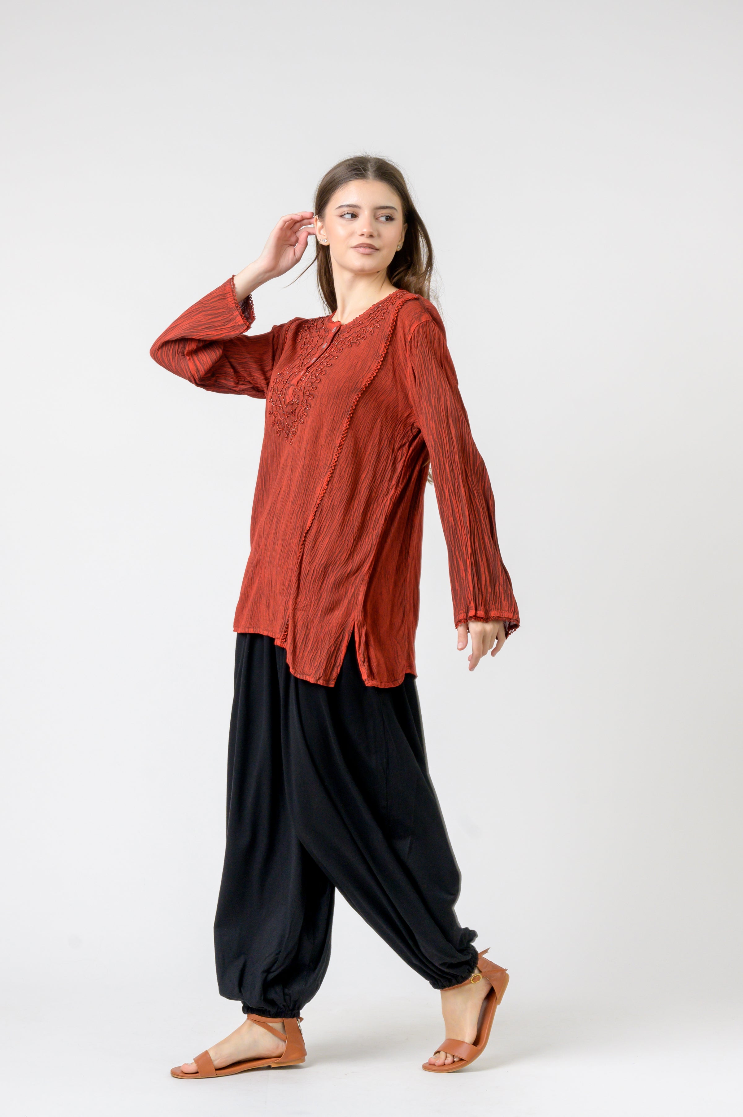 Embroidered Neckline Top - Red