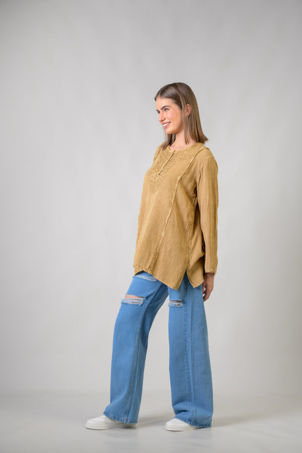 Embroidered Neckline Top - Tan
