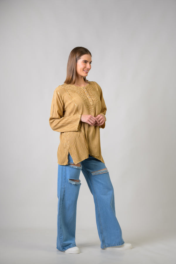 Embroidered Neckline Top - Tan