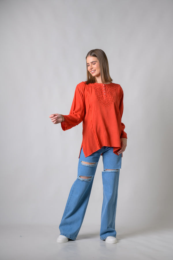 Embroidered Neckline Top - Orange