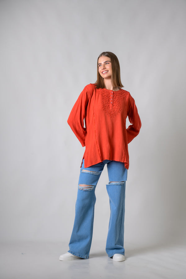 Embroidered Neckline Top - Orange