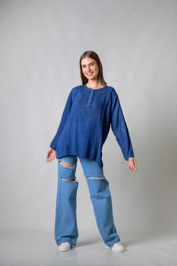 Embroidered Neckline Top - Navy Blue