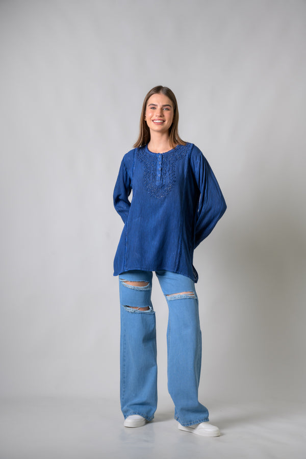 Embroidered Neckline Top - Navy Blue
