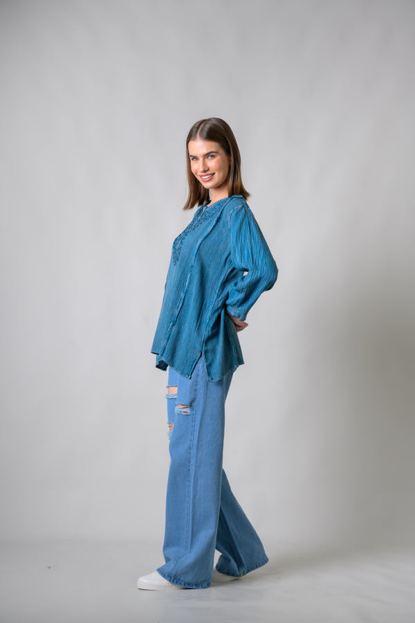 Embroidered Neckline Top - Grey