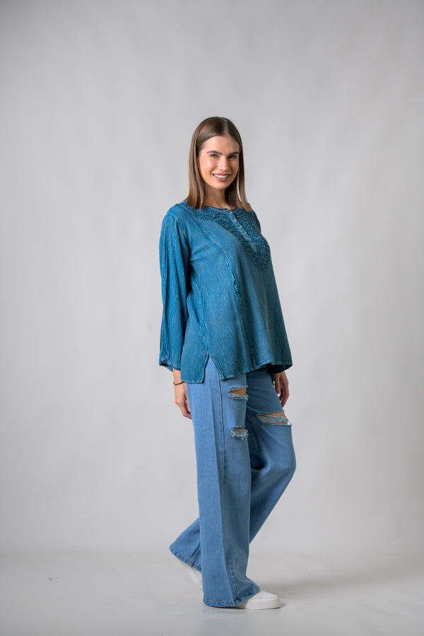 Embroidered Neckline Top - Grey