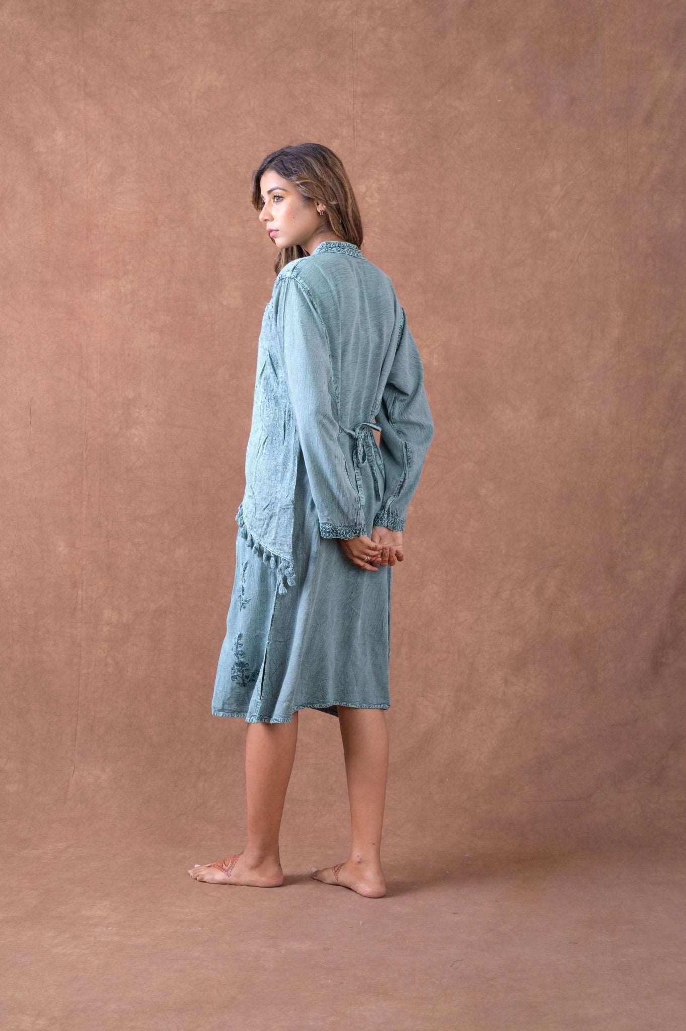 long sleeve turquoise dress Turquoise Long Sleeve Coat Dress With Belt
