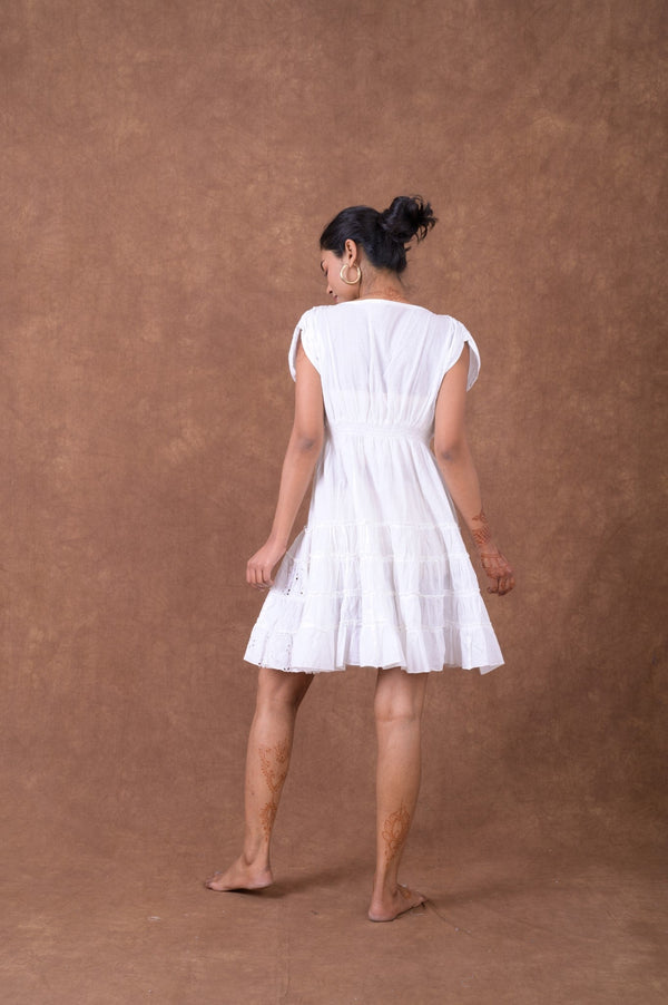 Schiffly V-Neck Dress - White