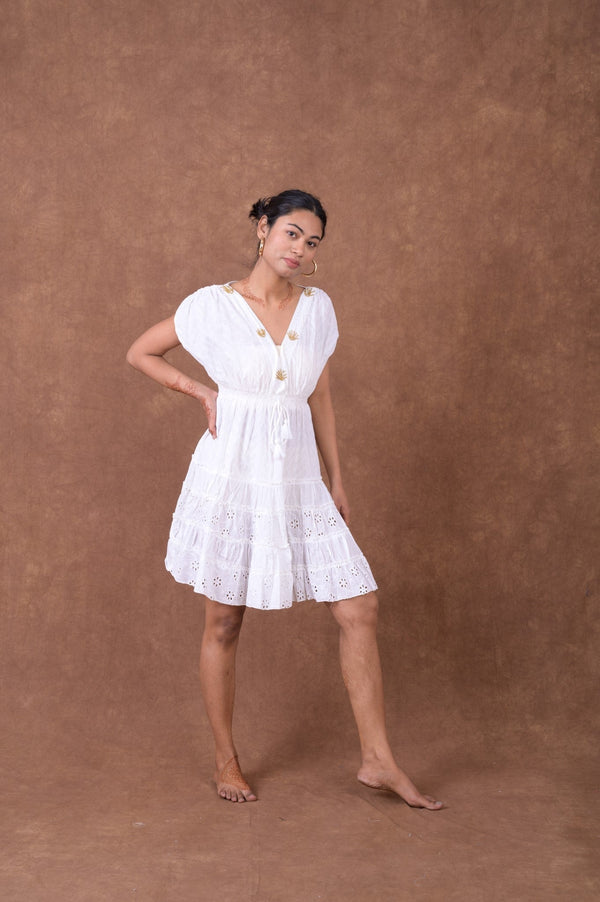 Schiffly V-Neck Dress - White