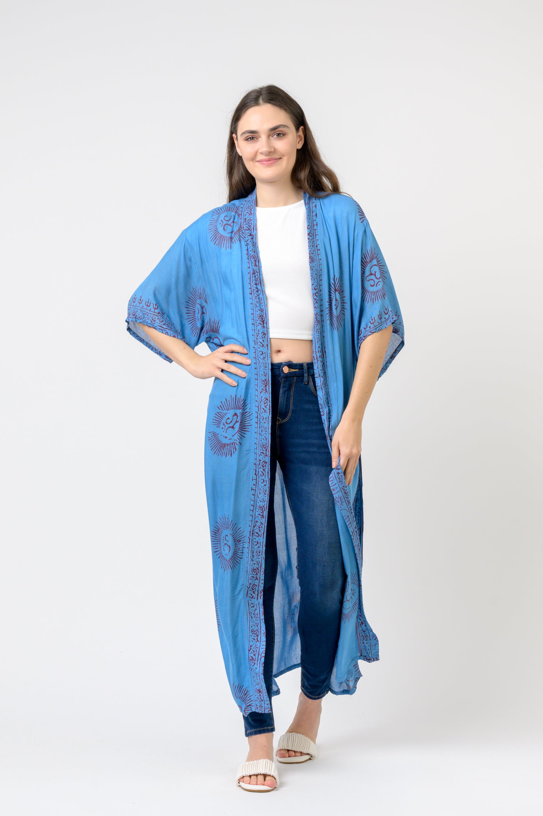 Short Sleeve Om Kimono - Blue