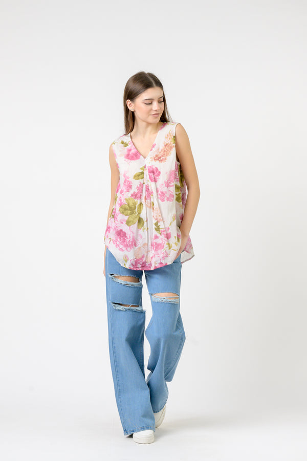 Rose Pattern Sleeveless Top - Pink