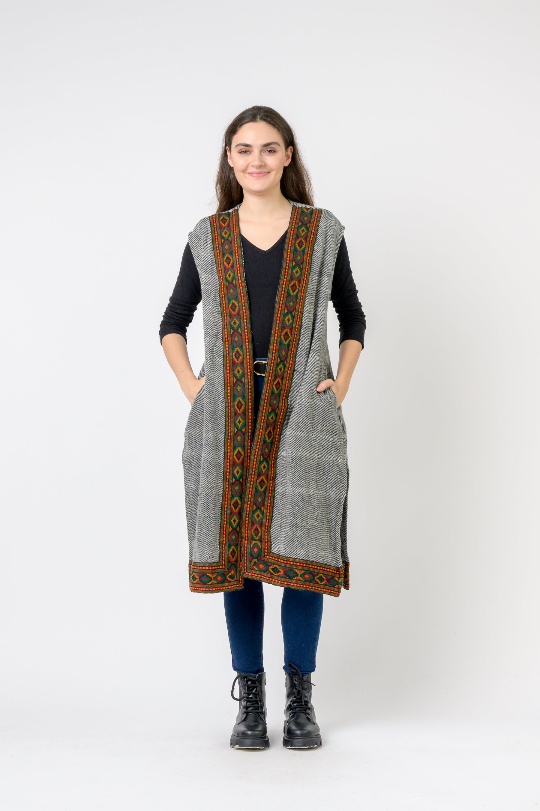 Woolen Shawl With Printed Hem