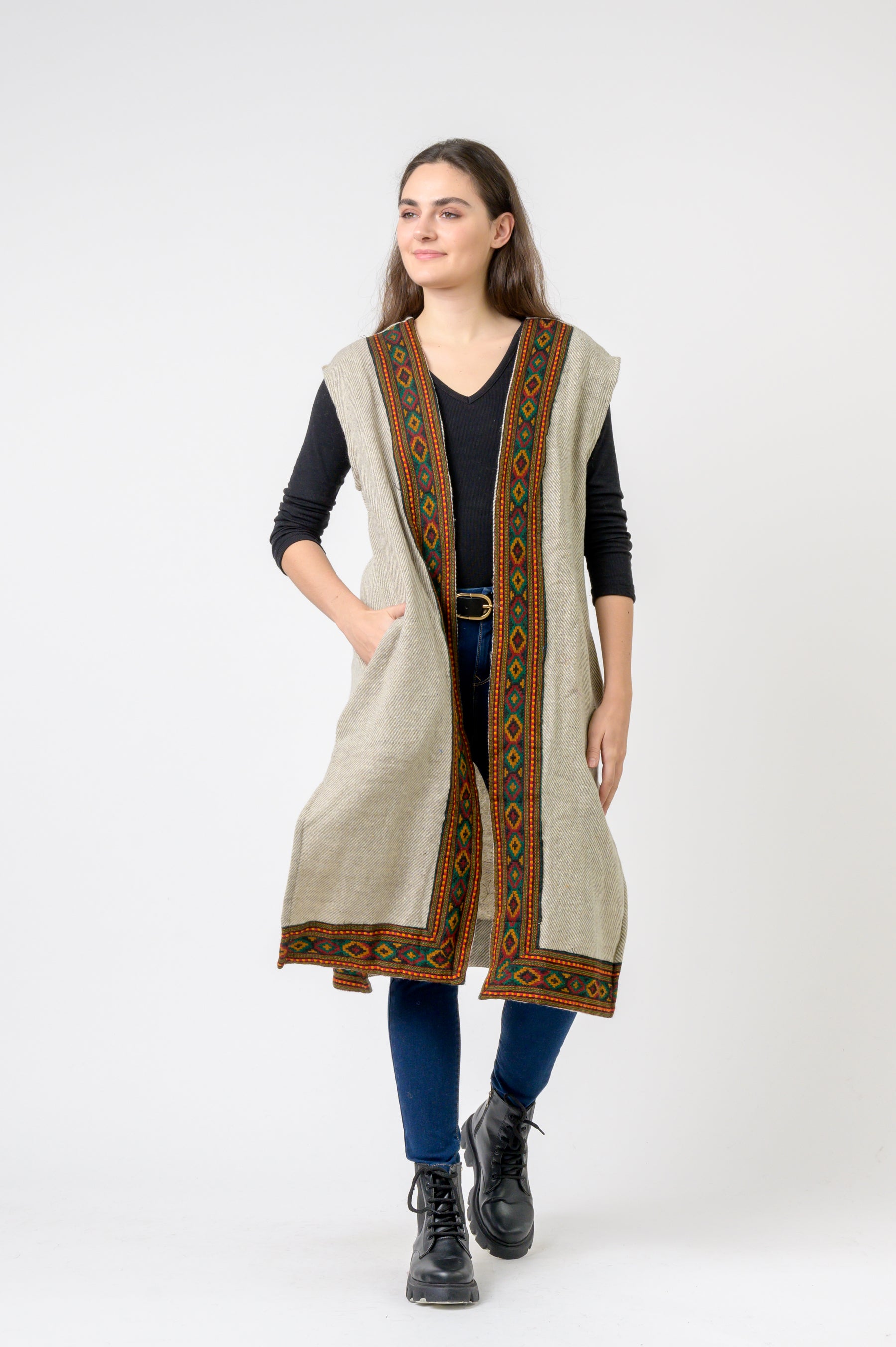 Woolen Shawl With Printed Hem